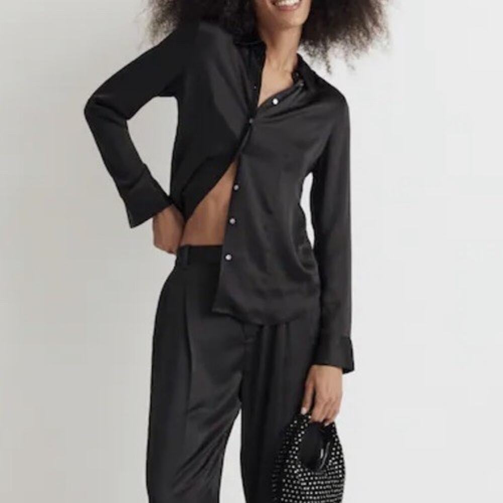 Madewell Darted Button Up Shirt Womens Size 14 Black Satin Classic Office NWT